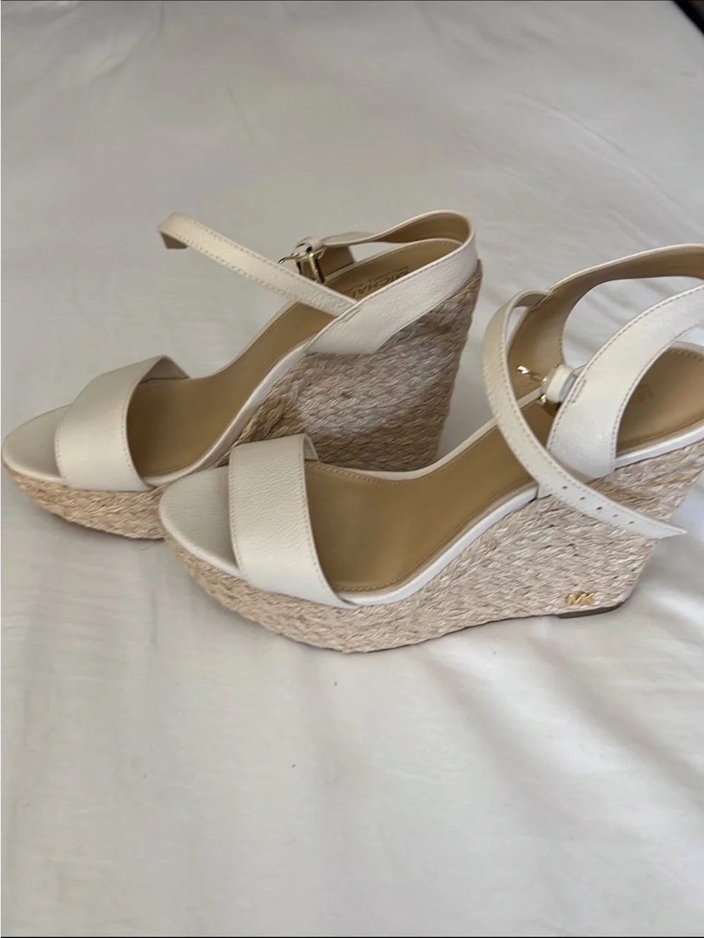 MICHAEL Michael Kors Ivory Leather Wedge Sandals with Ankle Strap